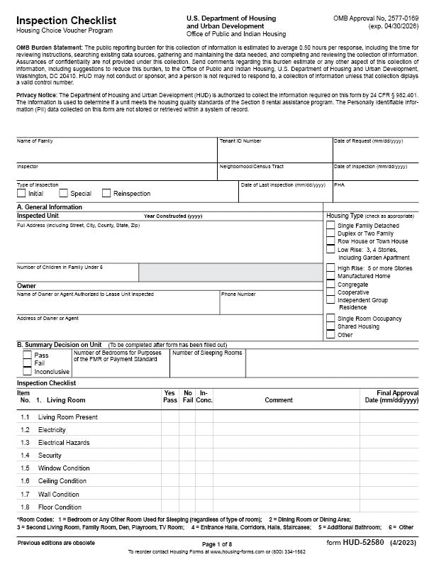 HUD52580 HQS Inspection Checklist (8page booklet) HousingForms