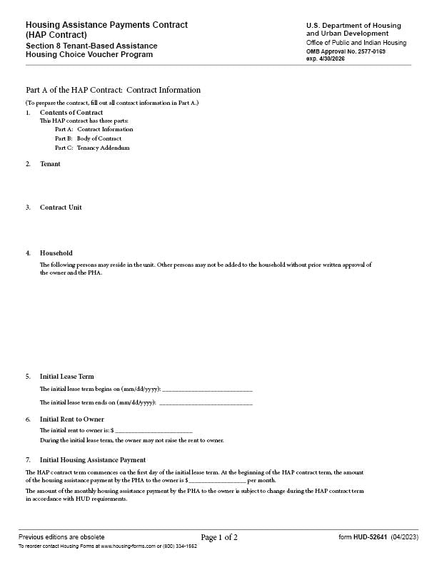 HUD-52641 HAP Contract, Parts A, B, C - HCV Booklet & Form – Housing-Forms