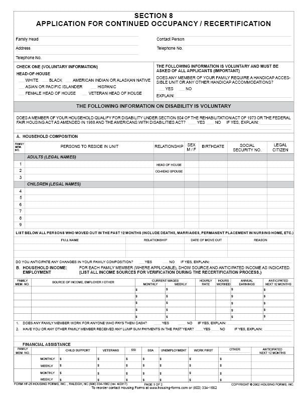 HF-25 S8 Application for Continued Occupancy/Recert. – Housing-Forms