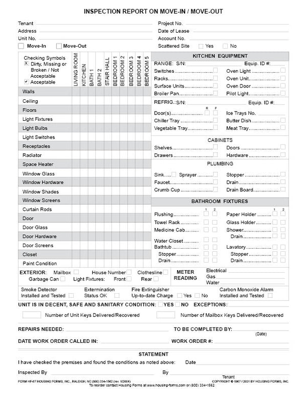 Move Out Damage Report HF-67 Inspection Report on Move In/Move Out – Housing-Forms