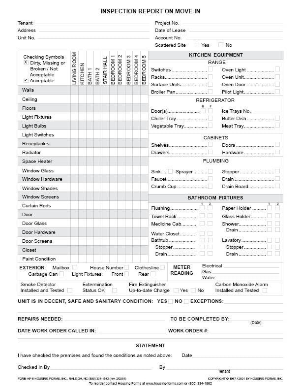 HF-6 Inspection Report on Move-In – Housing-Forms